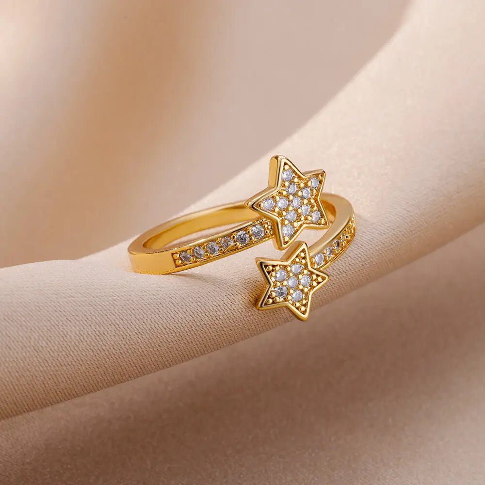 Bague Anneau Doubles Etoiles en Zircon or