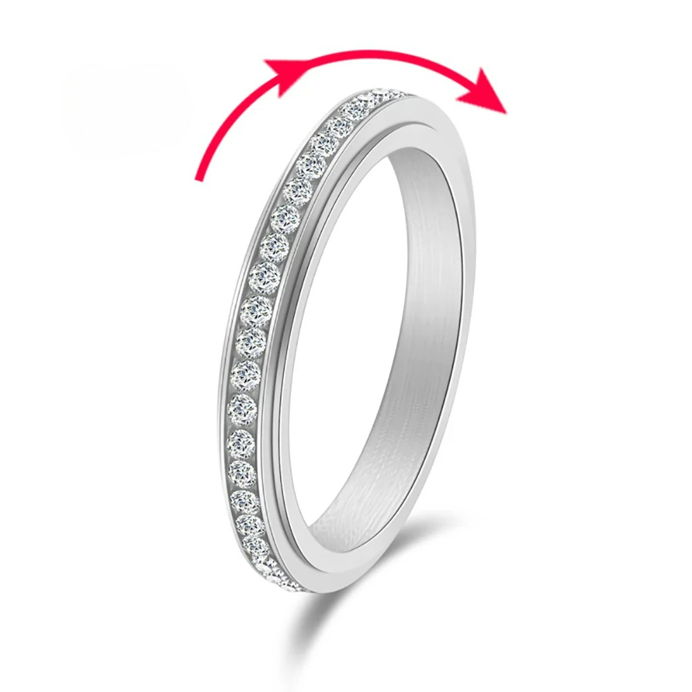 Bague Anneau Tournant Anti-Stress avec Zircon argent