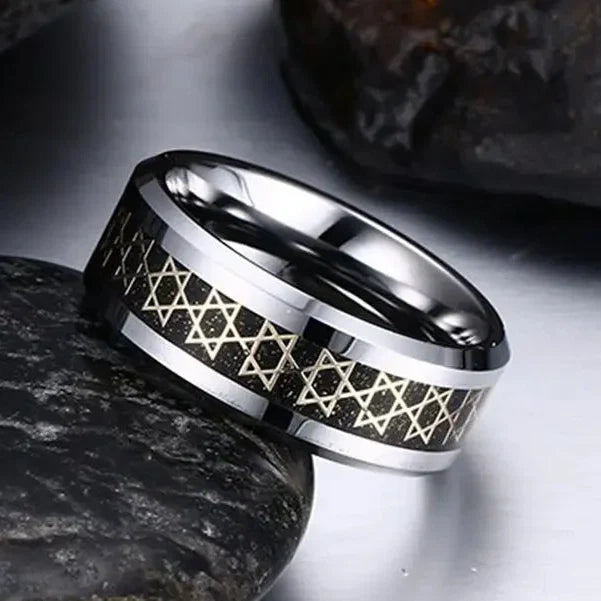 Bague large pour homme avec étoiles de David symbole juif noir