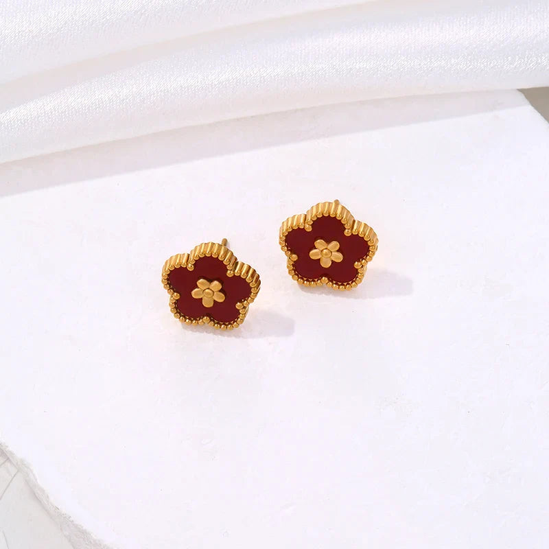 Boucles d'Oreilles Clou avec Trèfle à 5 Feuilles rouge