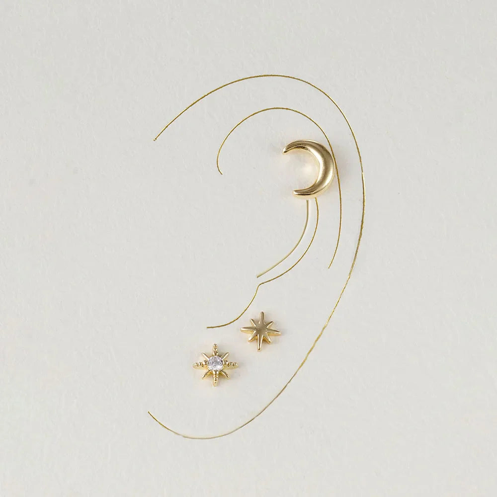 Boucles d'Oreilles Clou Croissant de Lune et Etoiles 