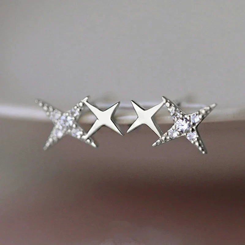 Boucles d'Oreilles Clou Doubles Etoiles et Zircon argent