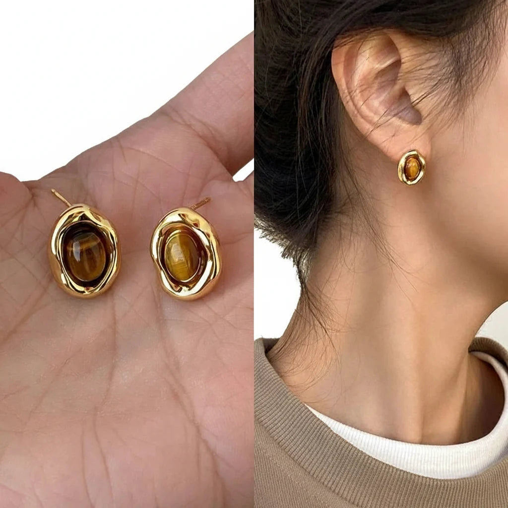 Boucles d'Oreilles Clous Ovales Oeil de Tigre