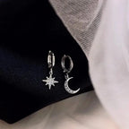 Boucles d'Oreilles Créoles Etoile et Lune et Zircon argent