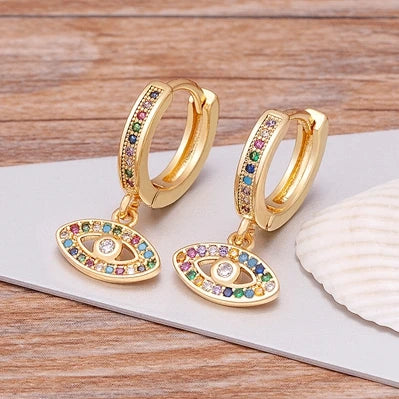 Boucles D'Oreilles Mauvais Oeil Bleu Zircon Multicolore Style Bohème