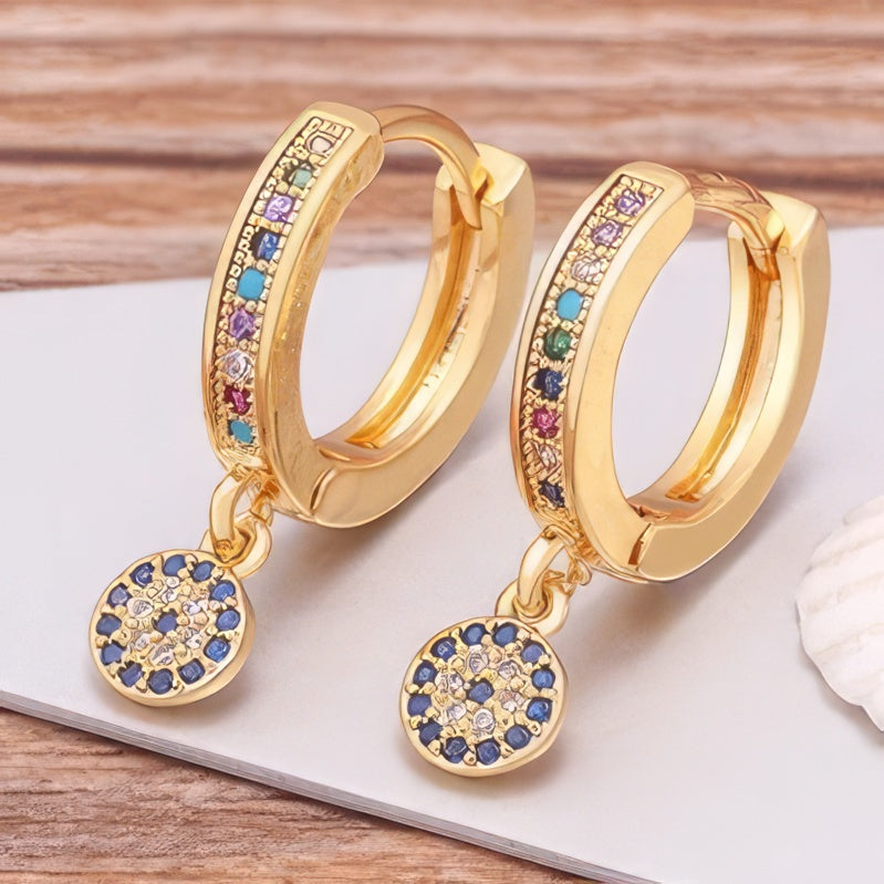 Boucles D'Oreilles Mauvais Oeil Bleu Zircon Style Bohème Rondes