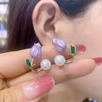 Boucles d'Oreilles Pendante Fleur de Tulipe et Perle violet