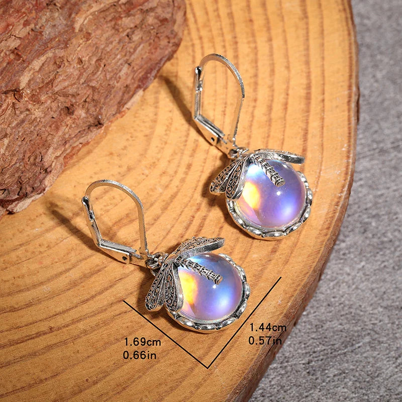 Boucles d'Oreilles Pendante Papillon et Pierre de Lune