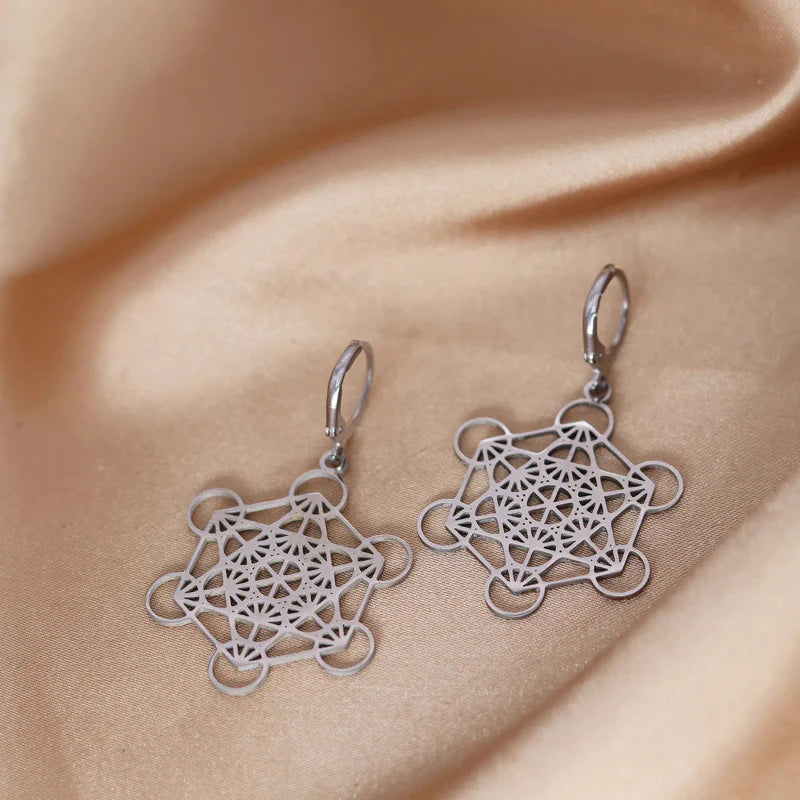 Boucles d'Oreilles Pendantes Argentées Cube de Métatron