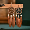 Boucles d'Oreilles Pendantes Attrape-Rêves et Plumes marron