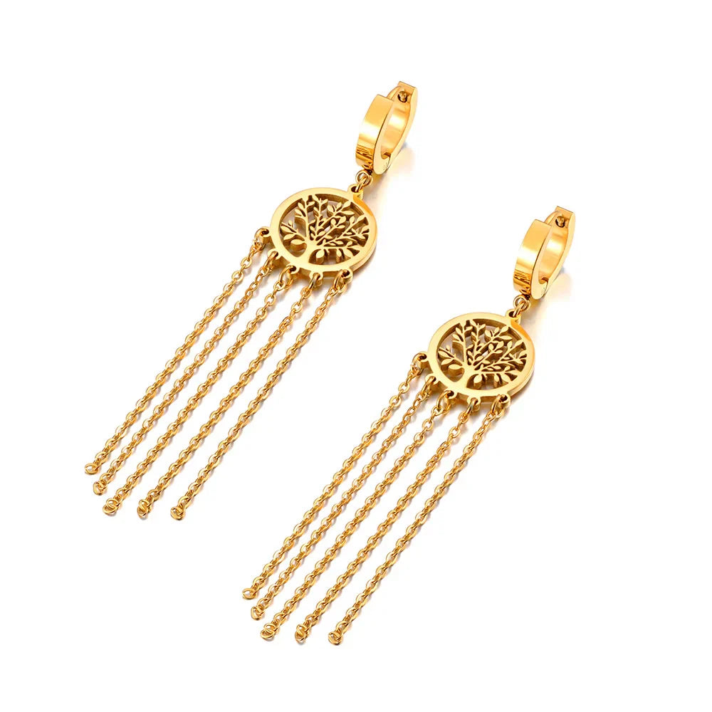 Boucles d'Oreilles Pendantes avec Arbre de Vie or