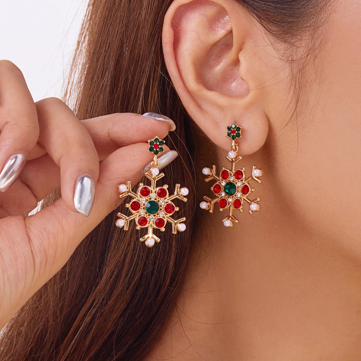 Boucles d'Oreilles Pendantes avec Flocon de Neige rouge 