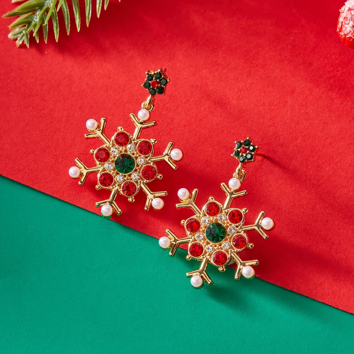 Boucles d'Oreilles Pendantes avec Flocon de Neige rouge 