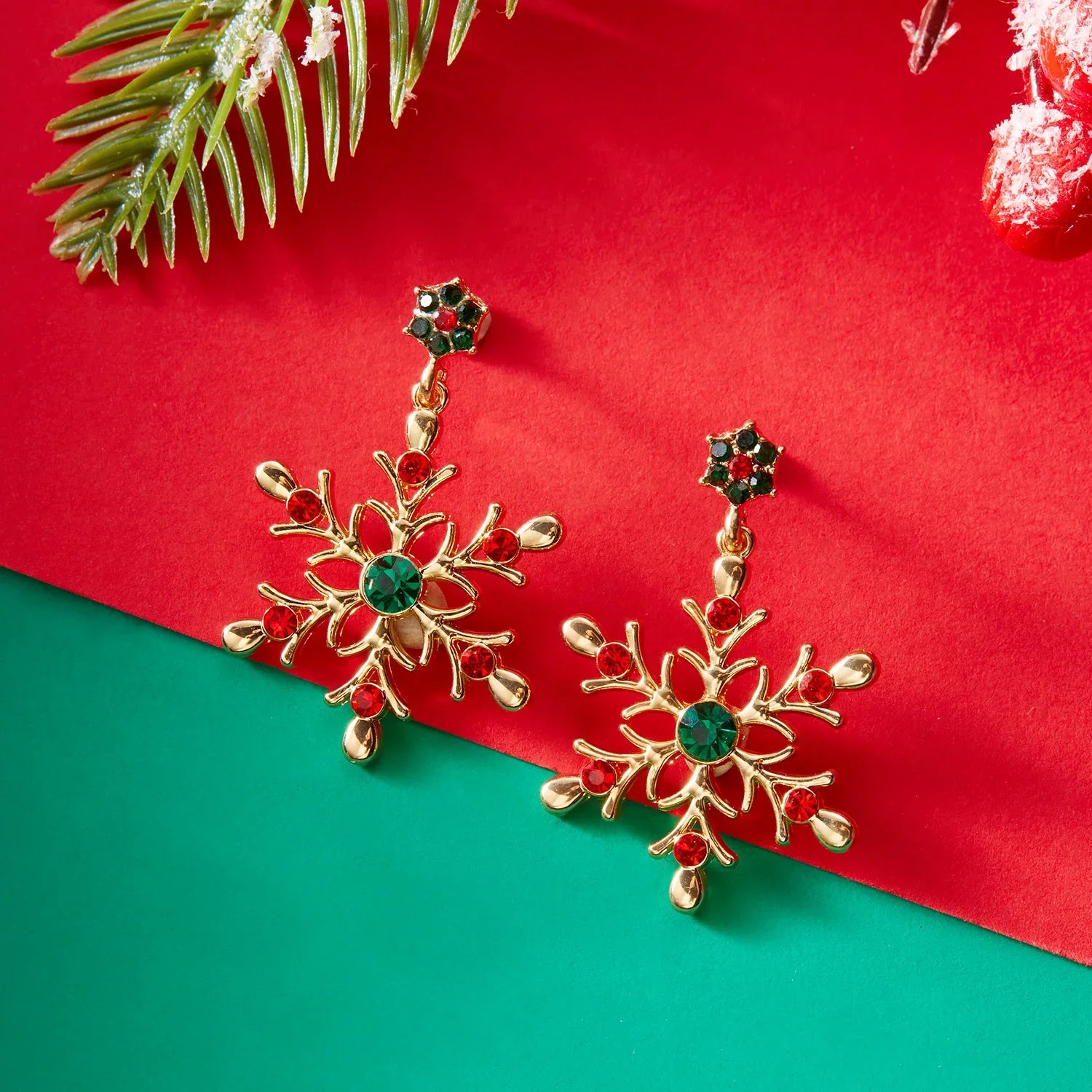 Boucles d'Oreilles Pendantes avec Flocon de Neige rouge et vert
