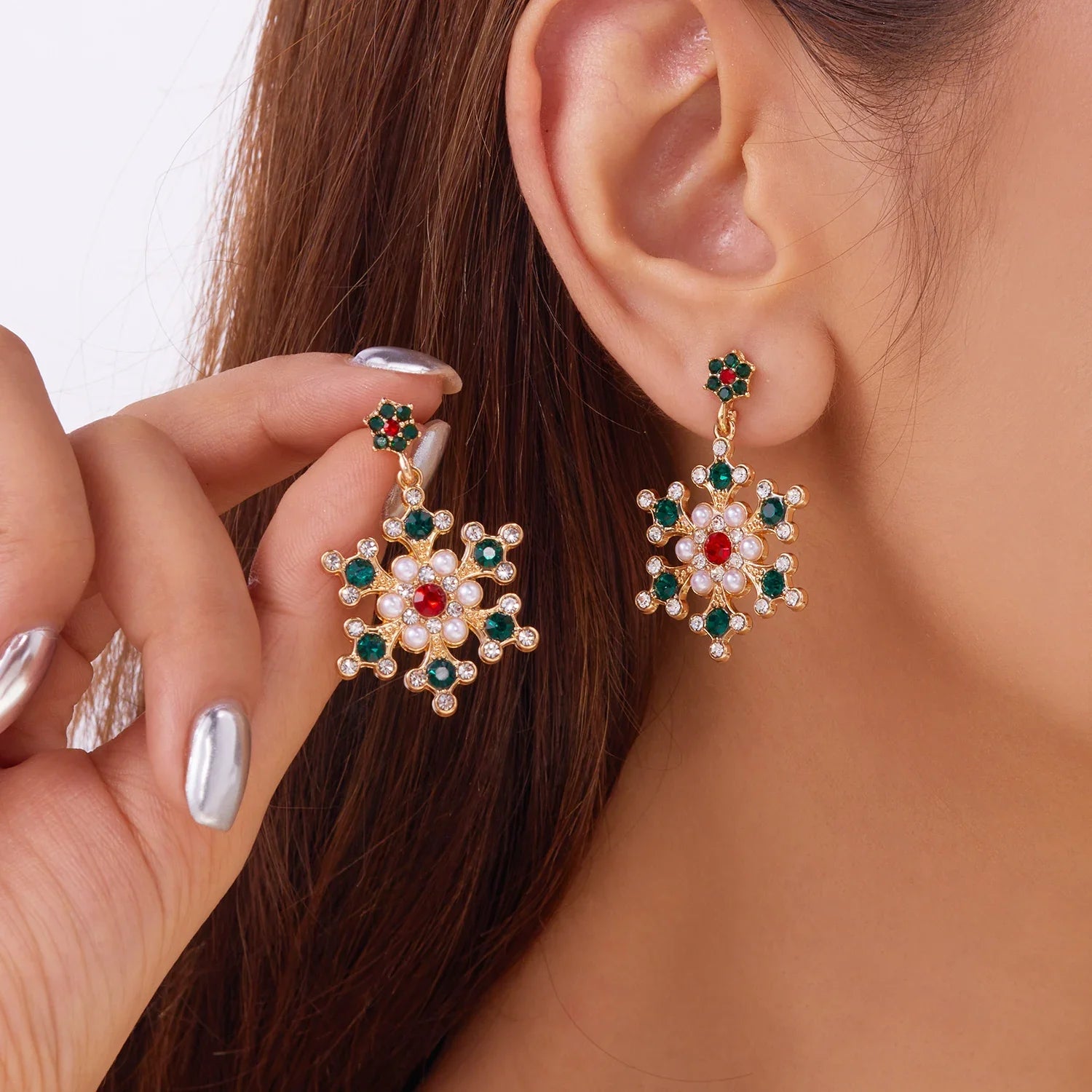 Boucles d'Oreilles Pendantes avec Flocon de Neige vert et blanc