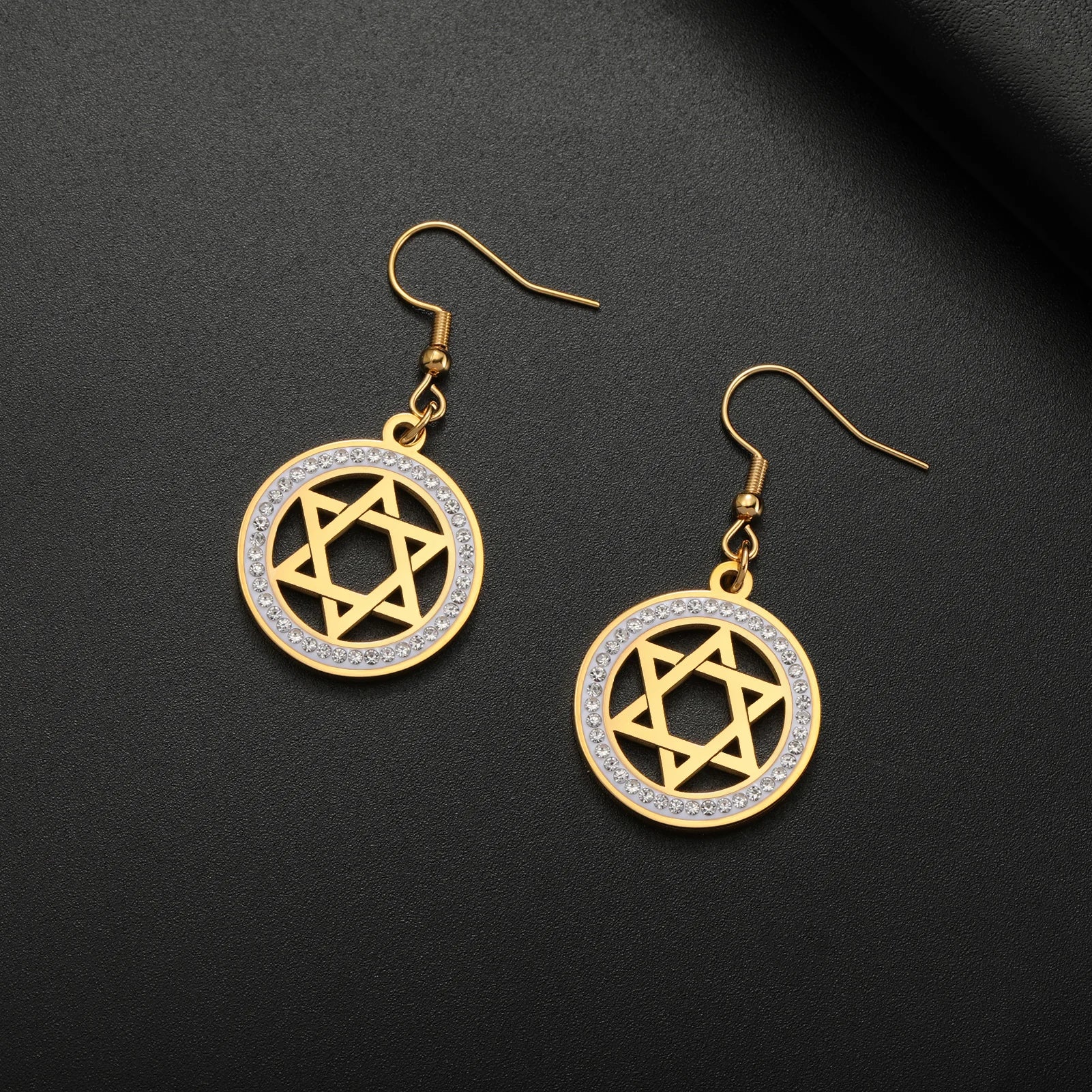 Boucles d'oreilles pendantes avec l'étoile de David et strass symbolique juive or