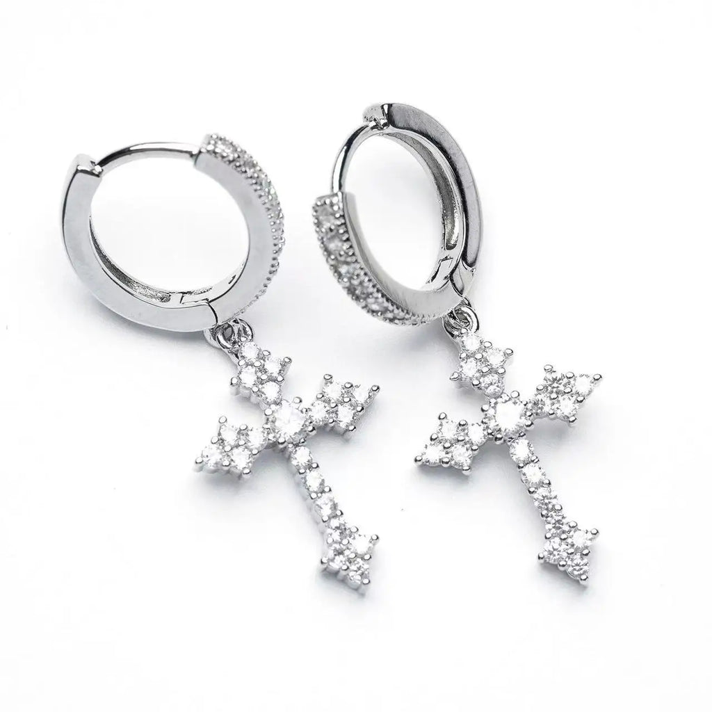 Boucles d'Oreilles Pendantes Croix Chrétienne en Zircon