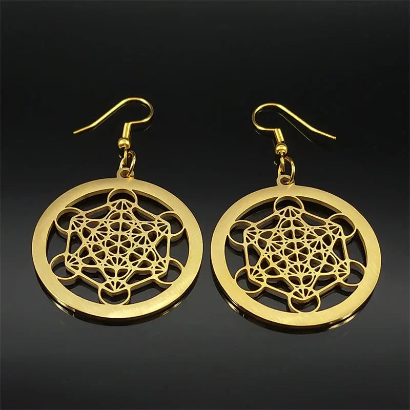 Boucles d'Oreilles Pendantes Cube de Métatron or