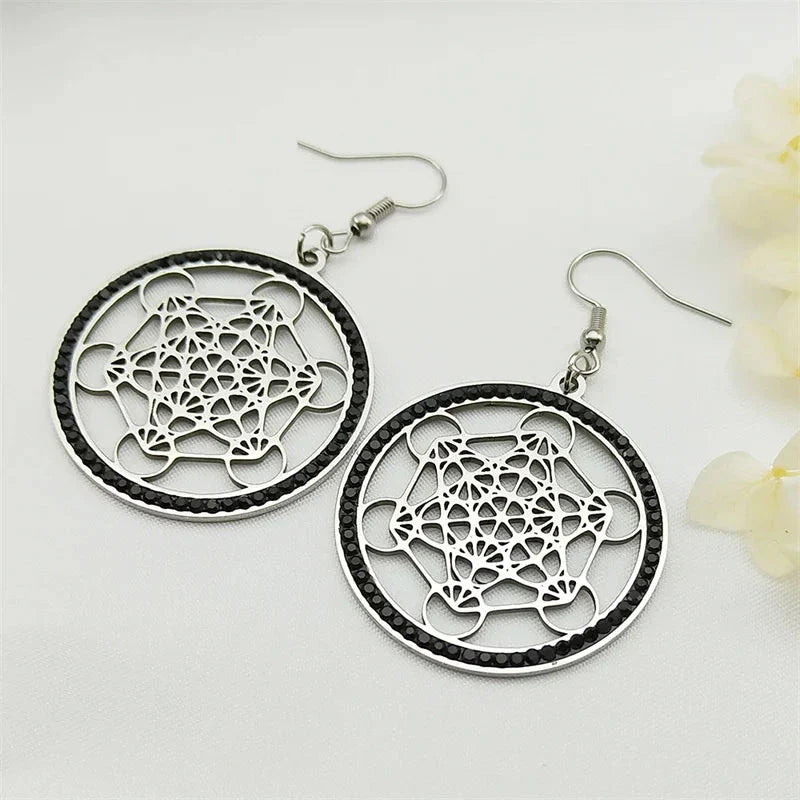 Boucles d'Oreilles Pendantes Cube de Métatron noir