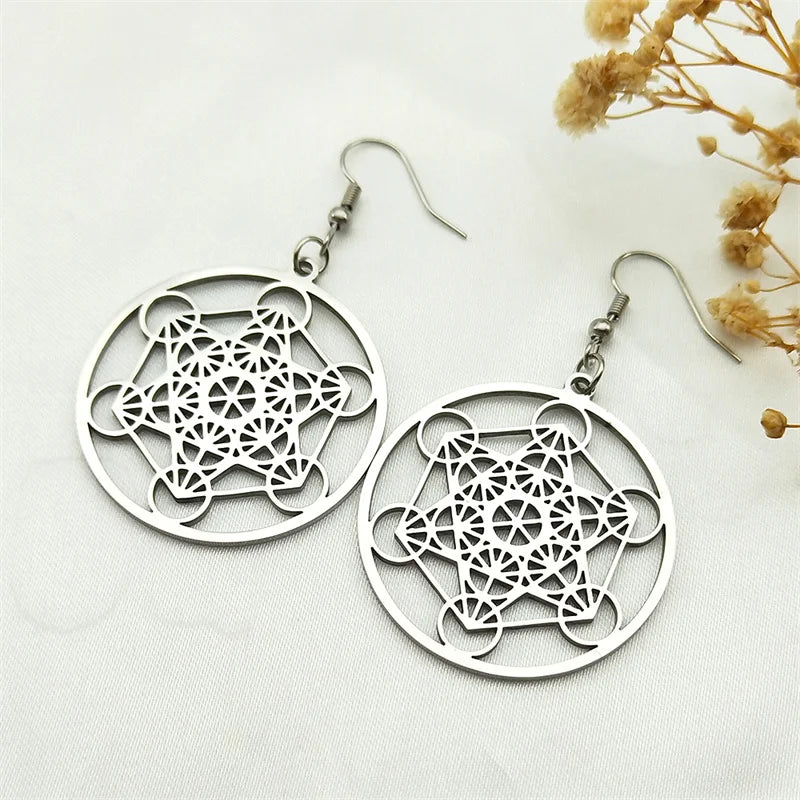 Boucles d'Oreilles Pendantes Cube Métatron argent