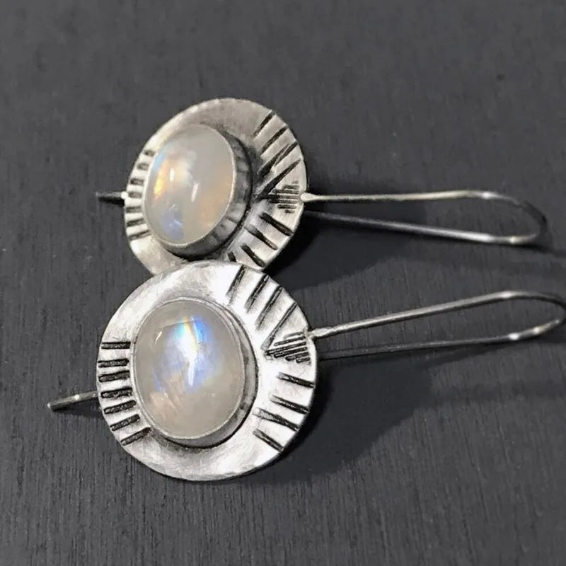 Boucles d'Oreilles Pendantes Ethniques avec Pierre de Lune