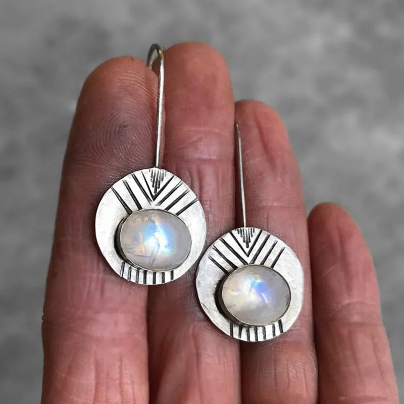 Boucles d'Oreilles Pendantes Ethniques avec Pierre de Lune