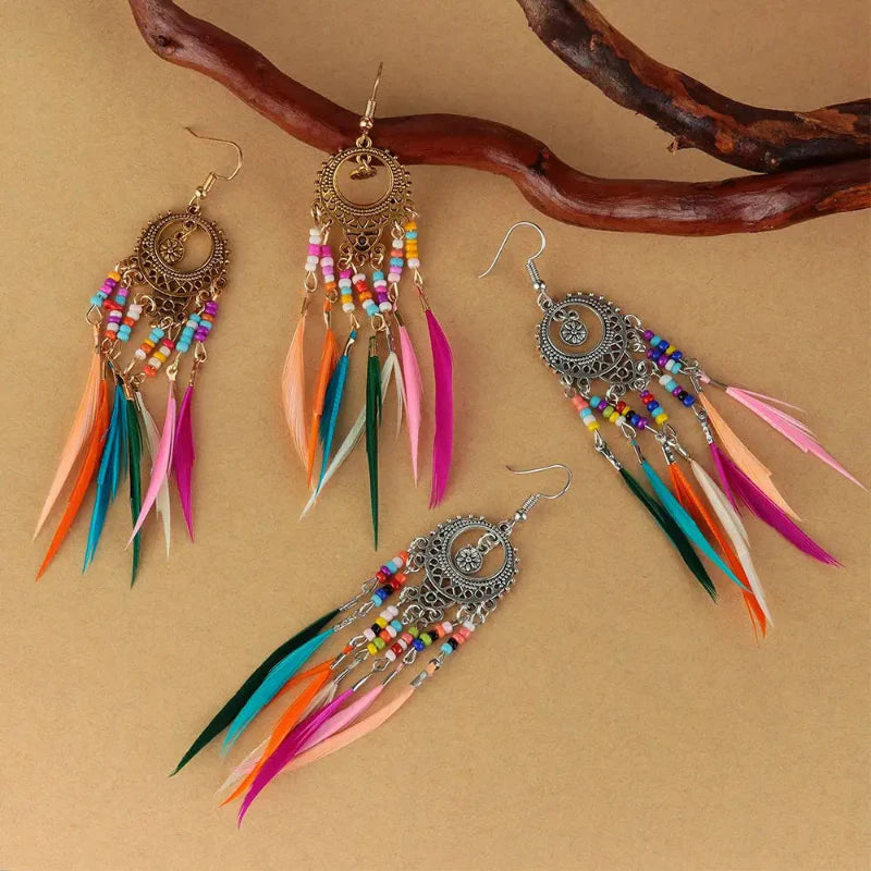 Boucles d'Oreilles Pendantes Ethniques Plumes Colorées Femme argent