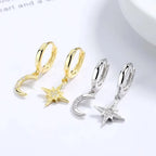 Boucles d'Oreilles Pendantes Etoile et Lune en Zircon argent