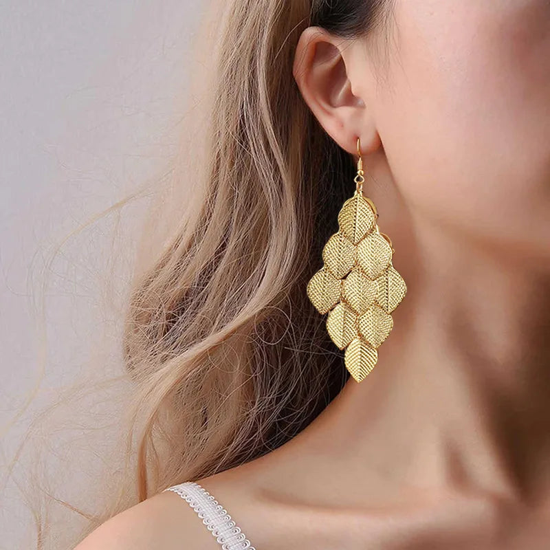 Boucles d'Oreilles Pendantes Feuilles Femme or