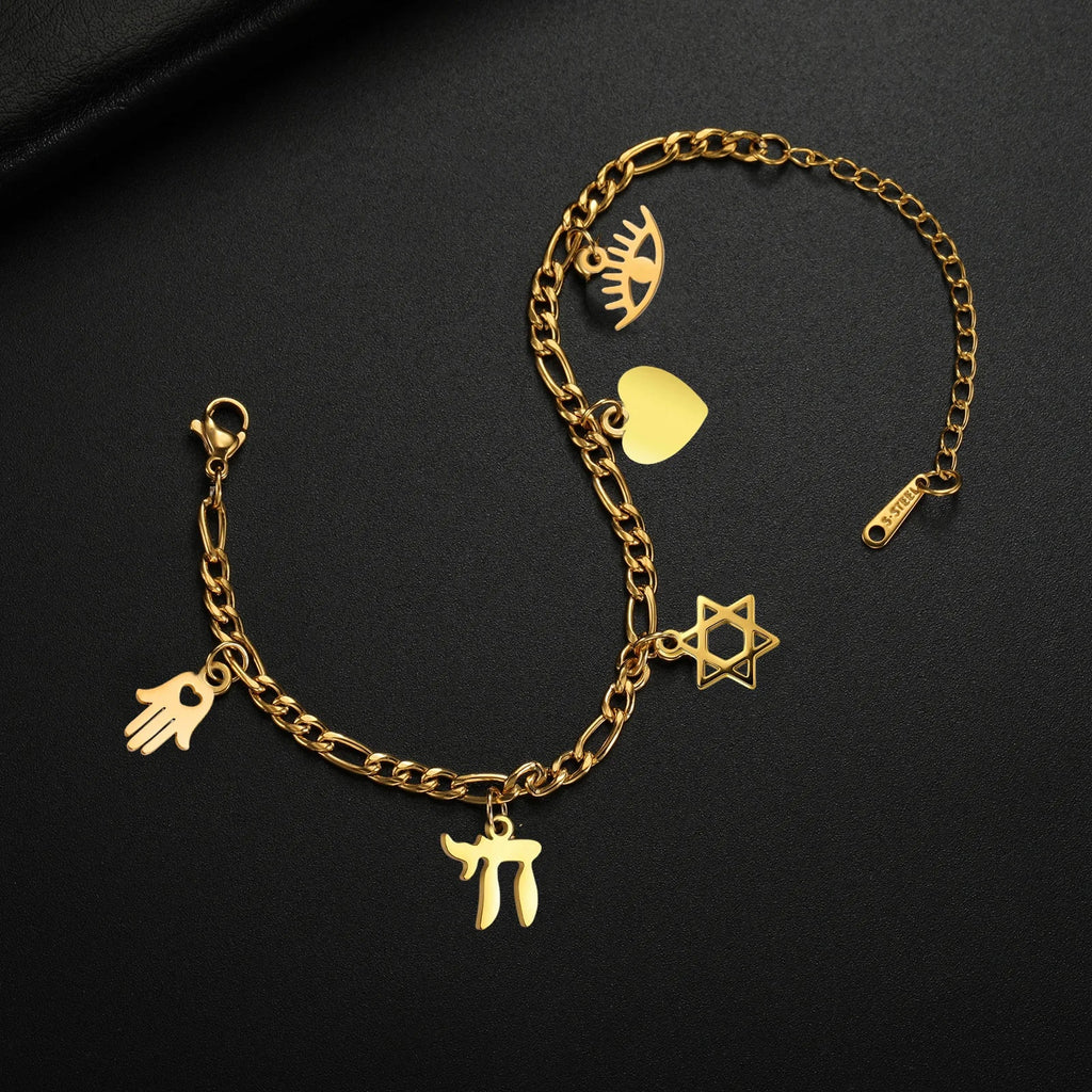 Bracelet ajustable avec pendentifs de protection juive or