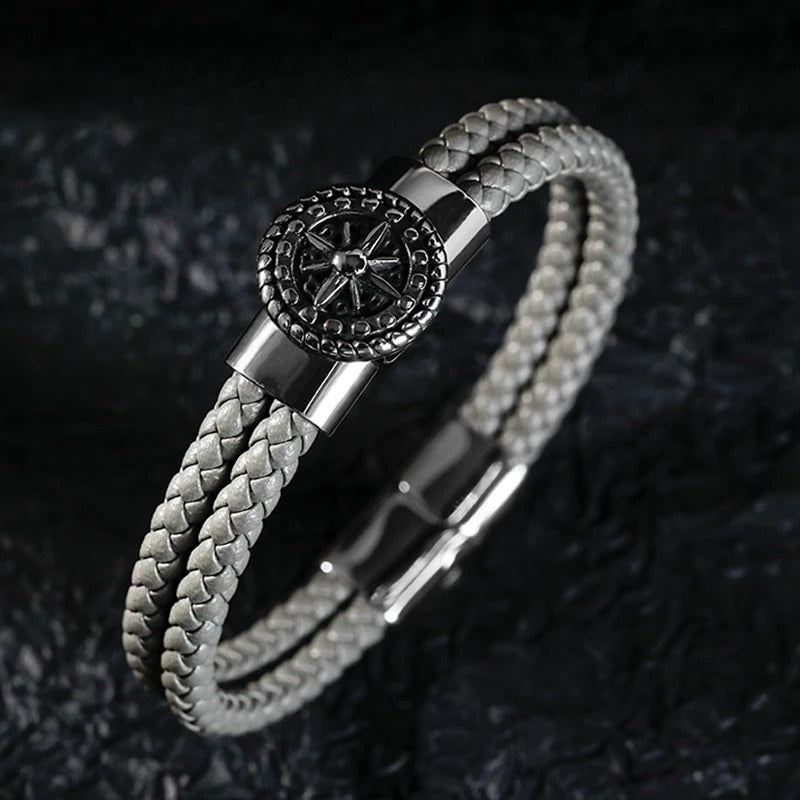 Bracelet Compas Homme Cuir Boussole Rose des Vents gris