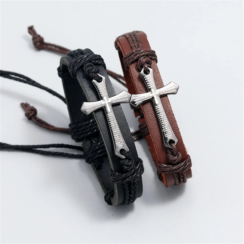 Bracelet Croix en Cuir Homme noir