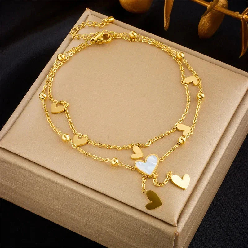 Bracelet de Cheville Double Rang Coeur