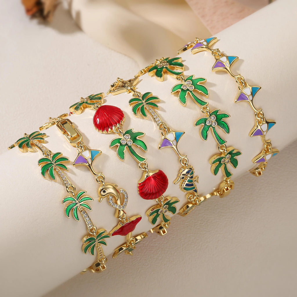 Bracelet de palmiers en émail vert et coquillages rouges