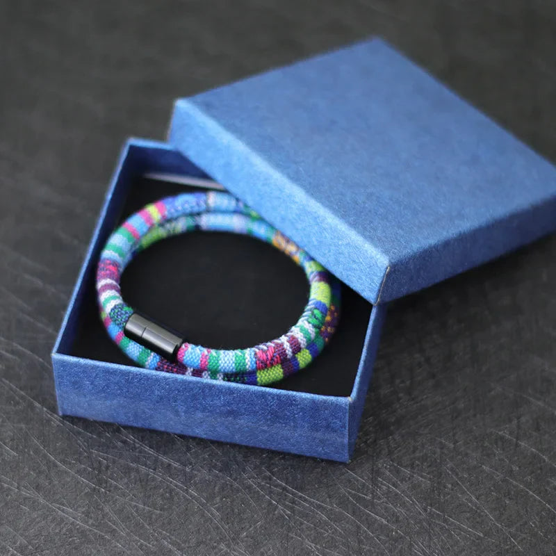 Bracelet Double Tressé Ethnique Multicolore bleu