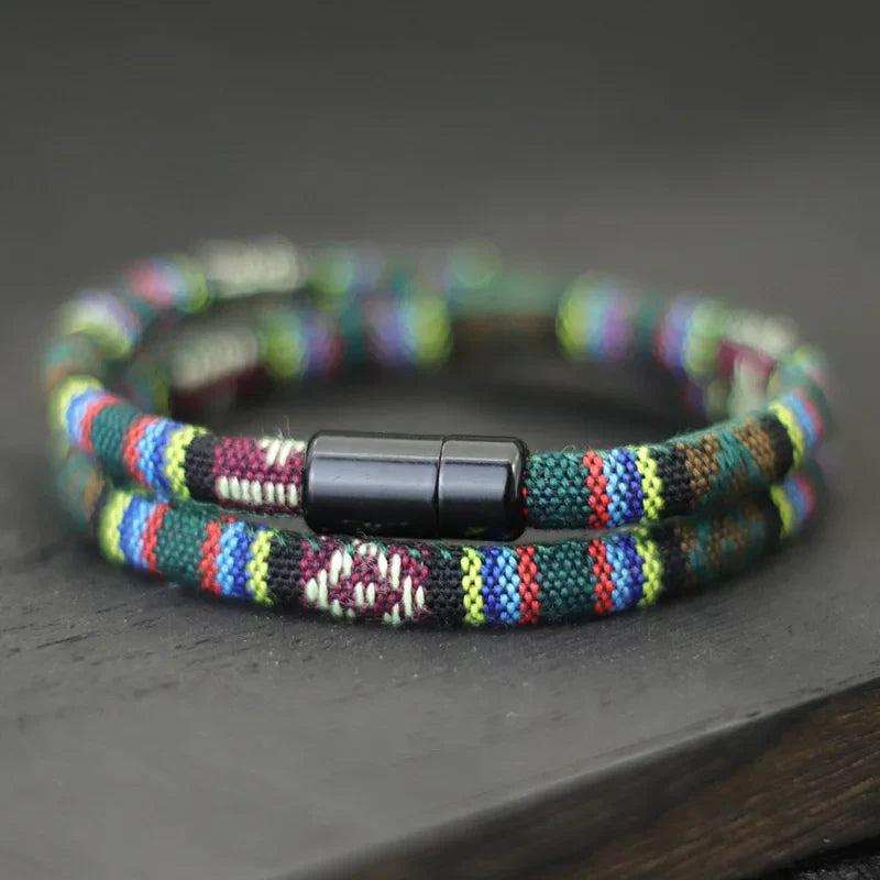 Bracelet Double Tressé Ethnique Multicolore vert