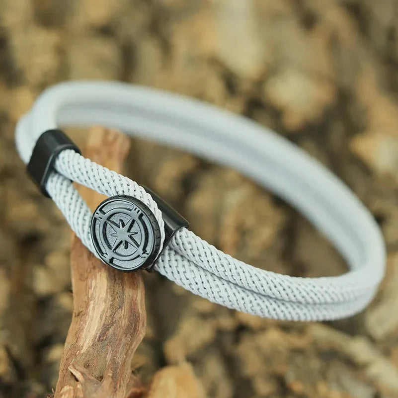 Bracelet en Corde avec Boussole Noire Rose des Vents gris