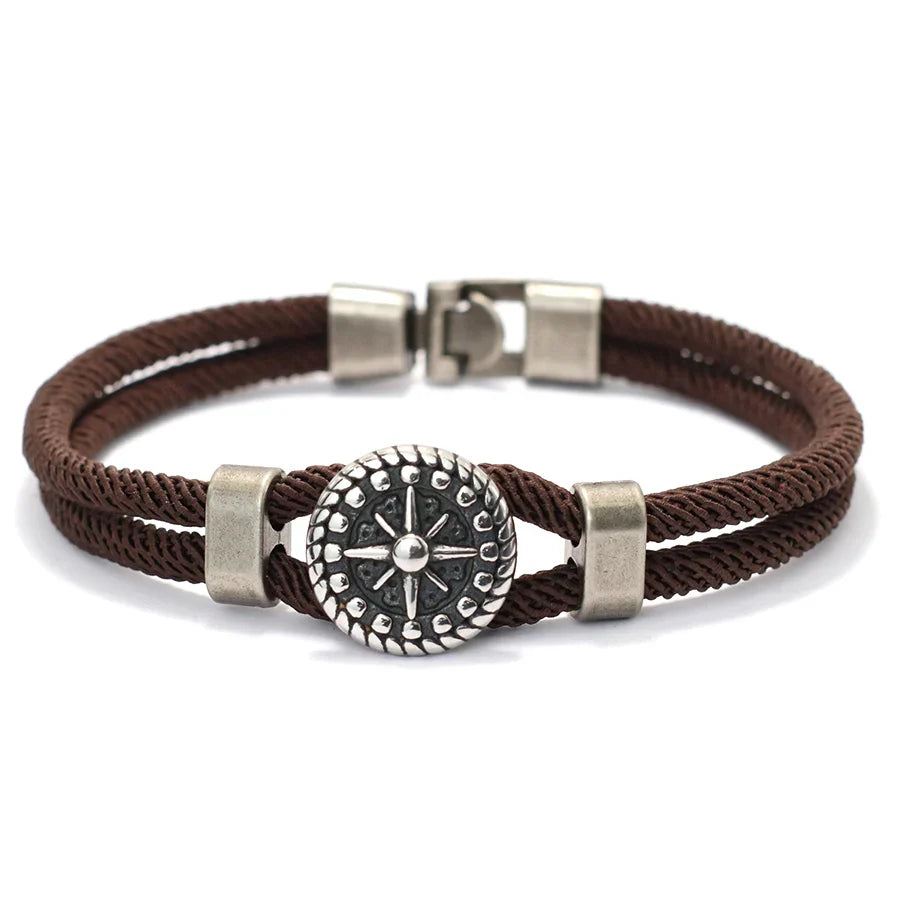 Bracelet en Corde avec Boussole Rose des Vents marron