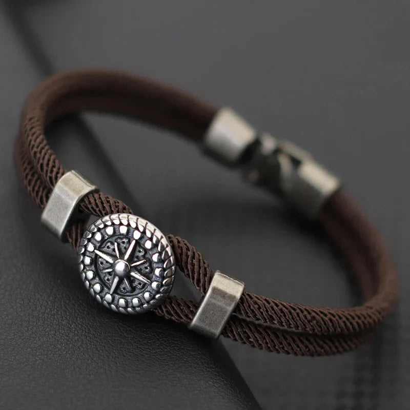 Bracelet en Corde avec Boussole Rose des Vents marron