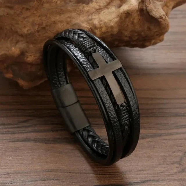 Bracelet en Cuir avec Croix Homme