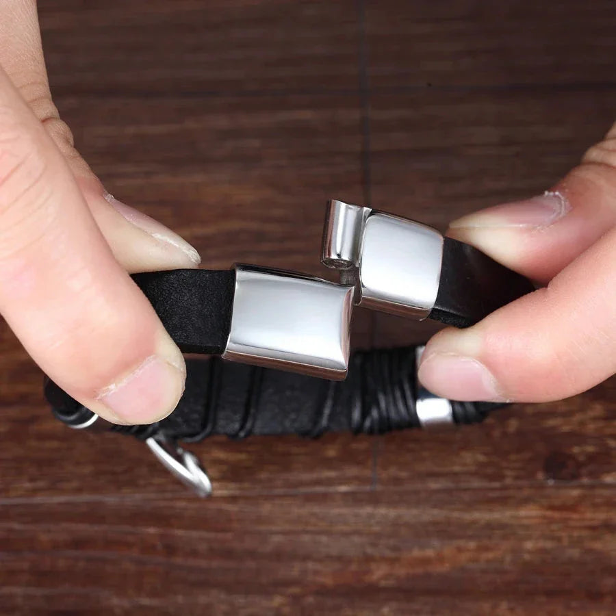Bracelet en Cuir Plume Homme argent