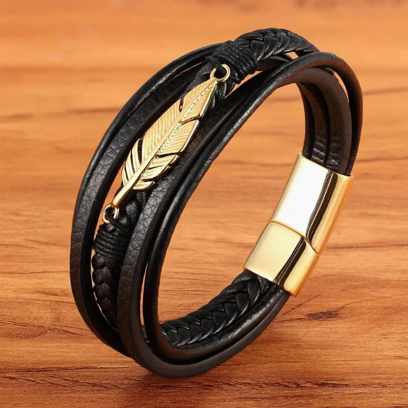 Bracelet en Cuir Plume Homme or