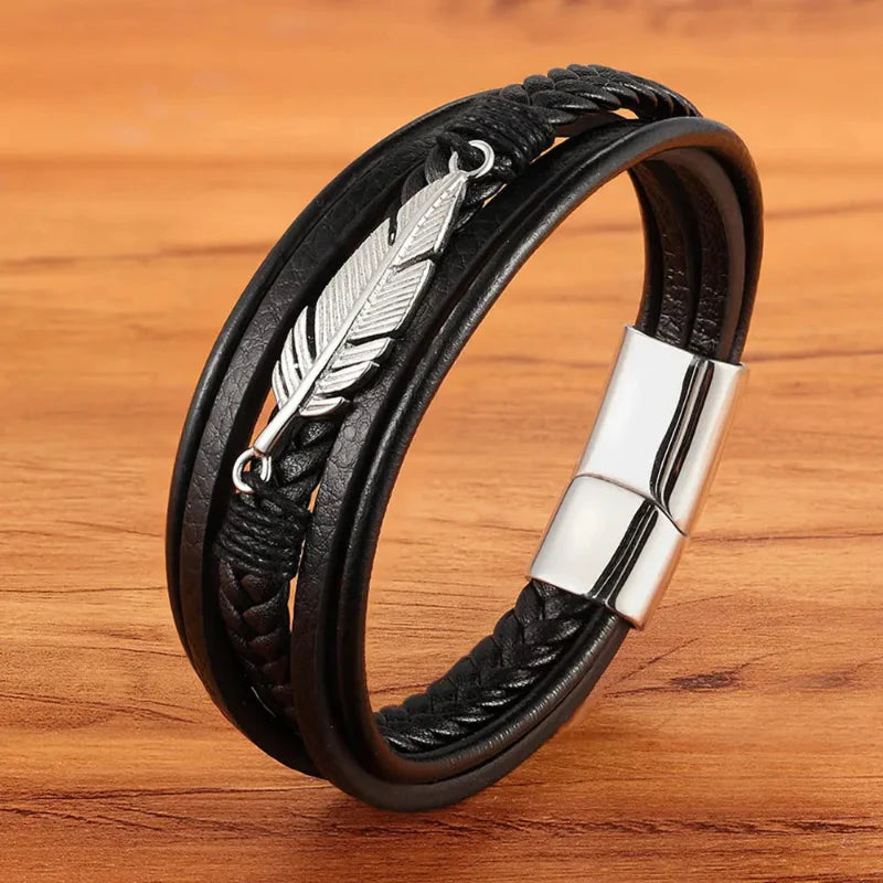 Bracelet en Cuir Plume Homme argent