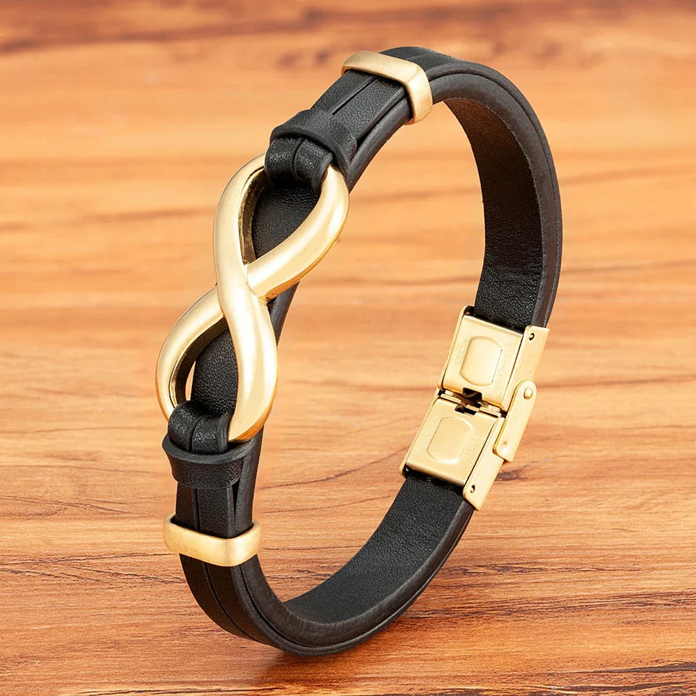 Bracelet Infini Cuir noir et or