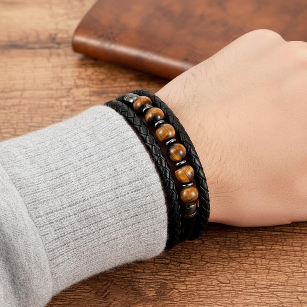 Bracelet Pierre Oeil de Tigre Cuir