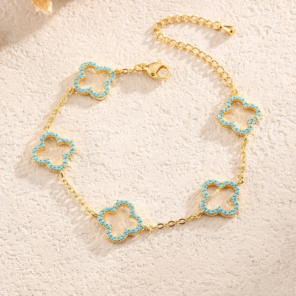 Lot de 3 Bracelets avec Trèfles à 4 Feuilles en Zircon Bleu