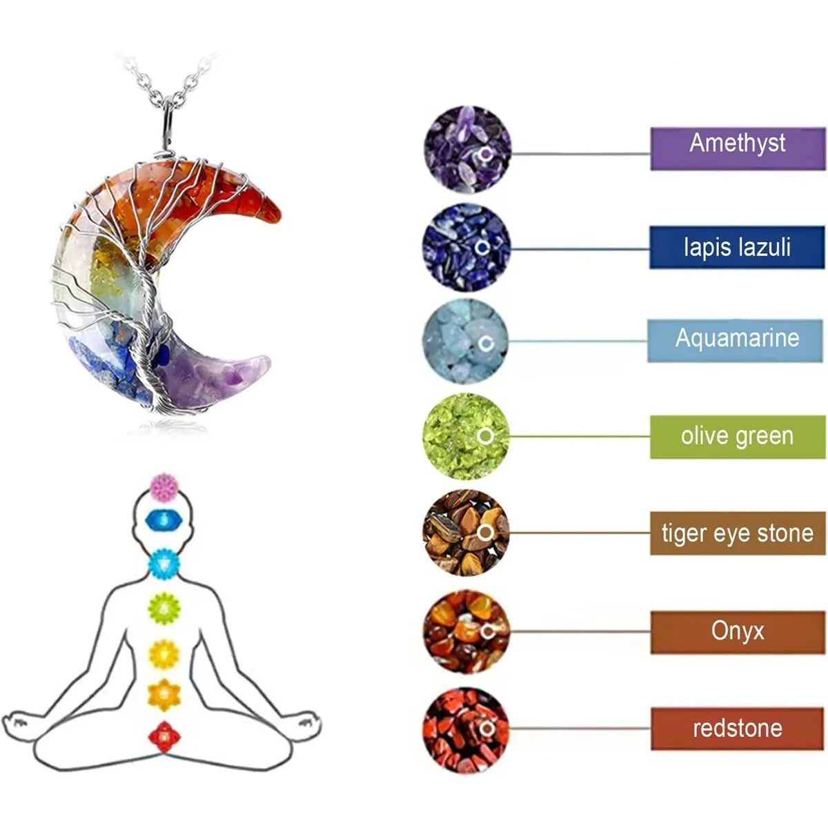 Collier avec Pendentif Croissant de Lune 7 Chakras