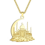 Collier avec pendentif d'une mosquée sur croissant de lune arabe islam musulman or