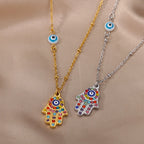 Collier avec pendentif de protection contre le mauvais œil et main de Fatma multicolore arabe argent