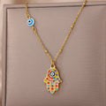 Collier avec pendentif de protection contre le mauvais œil et main de Fatma multicolore arabe or